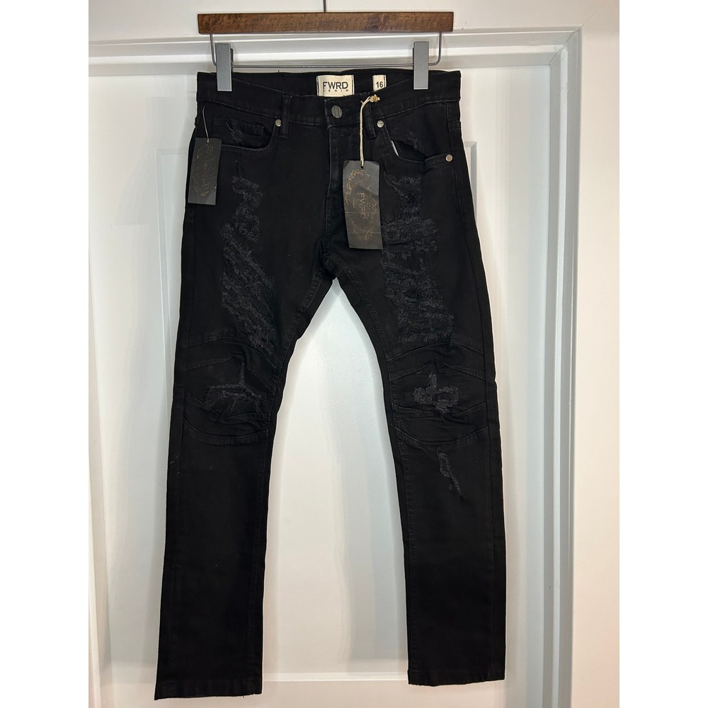 NEW FWRD Denim Boys Black Distressed Moto Slim Fit Jeans 16 Grunge Edgy Urban